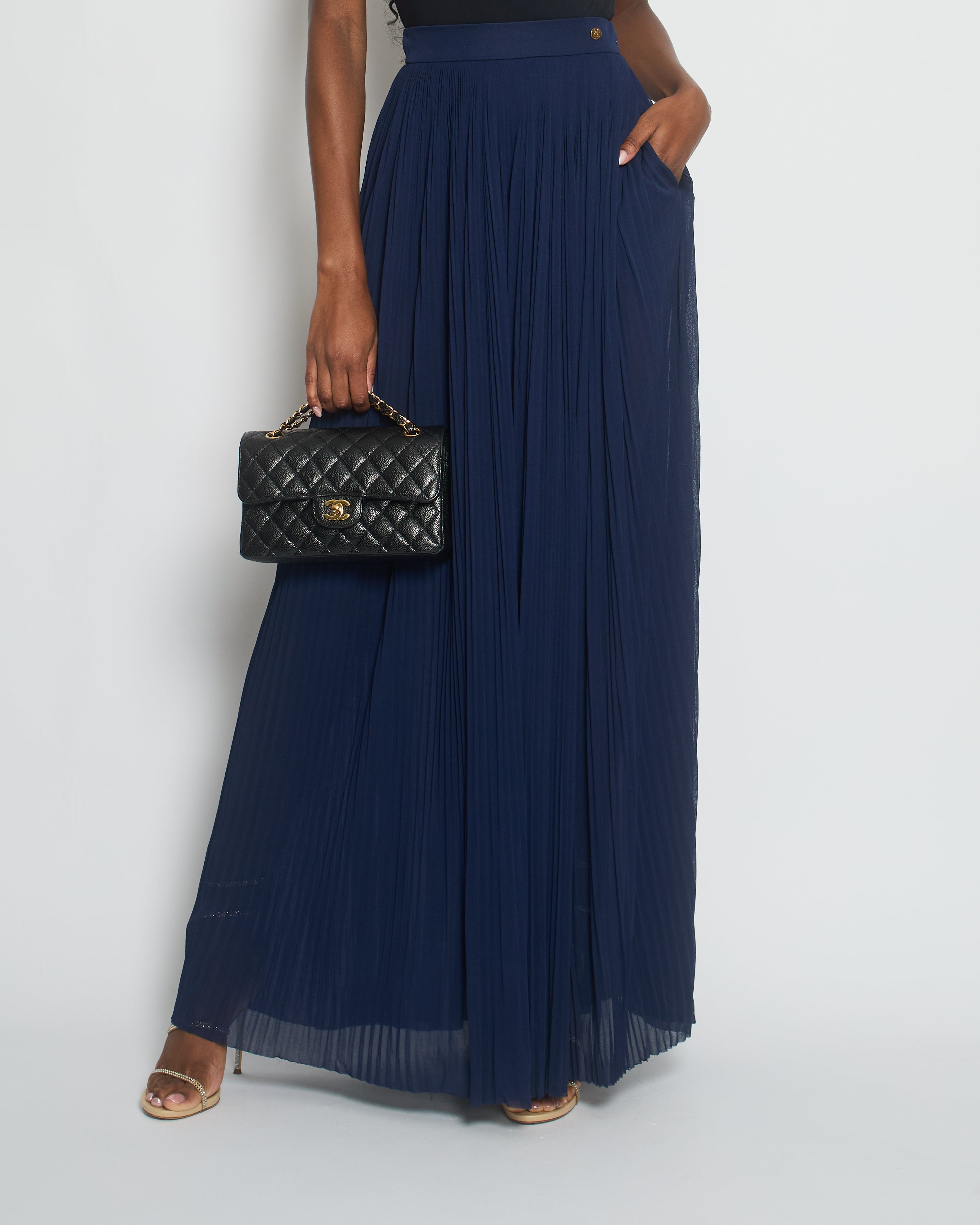 Chanel Navy Pleated High-Waist Trousers with CC Button Detail Size FR 34 (UK 6)
