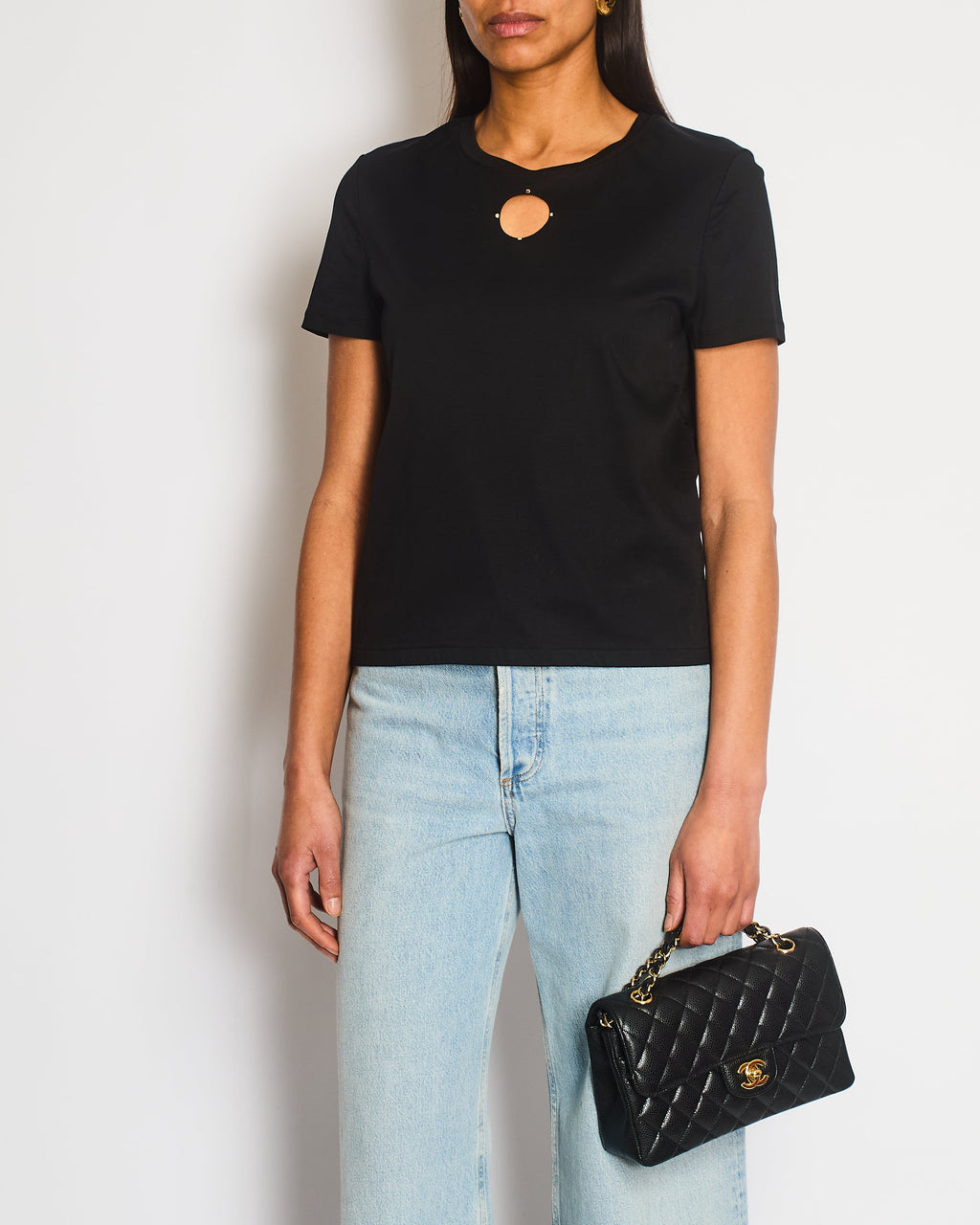 Chanel 20S Black T-Shirt with Cut-Out Front Detailing Size FR 34/36 (UK 6/8) RRP £1,450