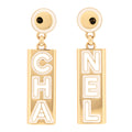 Metal Enamel Cha-Nel Logo Drop Earrings Gold Black