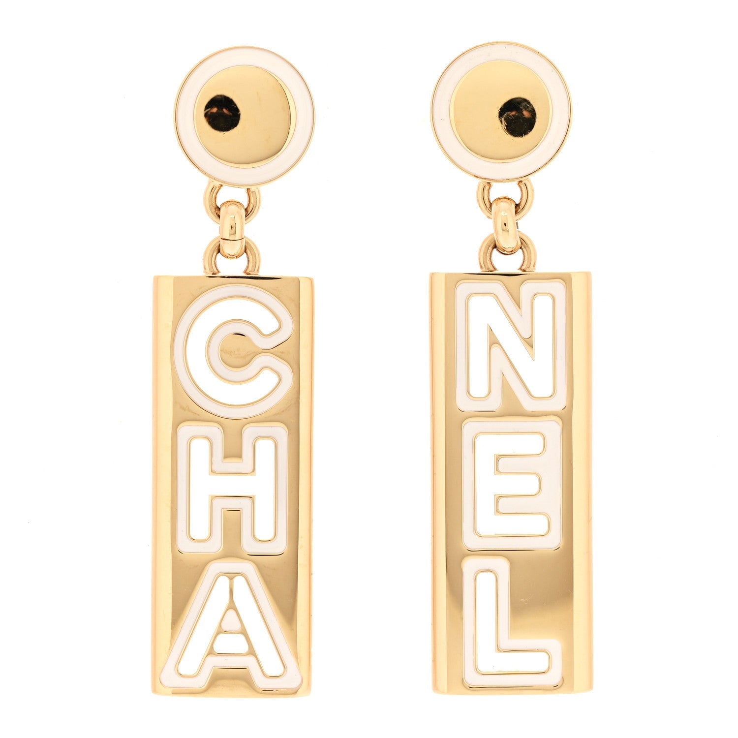 Metal Enamel Cha-Nel Logo Drop Earrings Gold Black