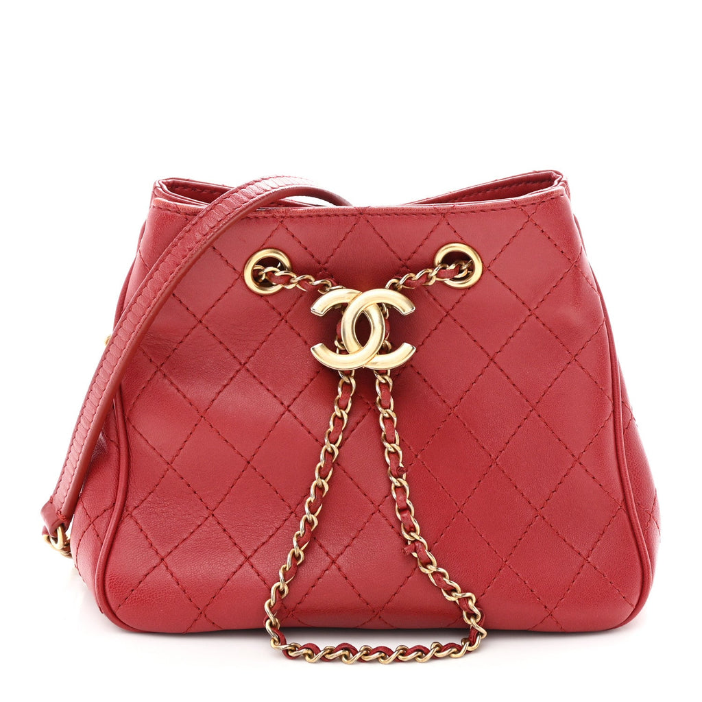 Chanel Calfskin Stitched Small Egyptian Amulet Drawstring Bag Red