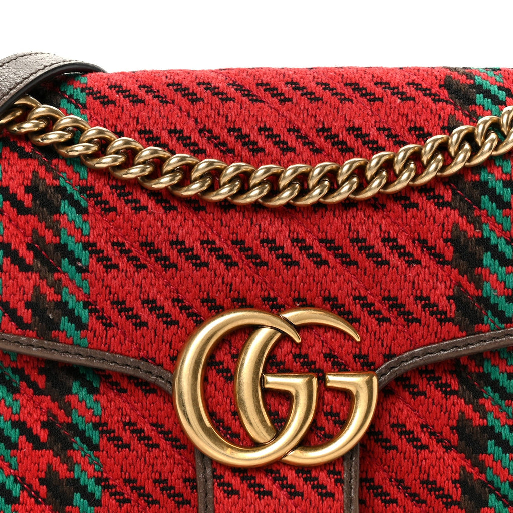 Gucci Wool Tweed Textured Dollar Calfskin Matelasse Diagonal Plaid Small GG Marmont Shoulder Bag Red Green Multicolor New Acero