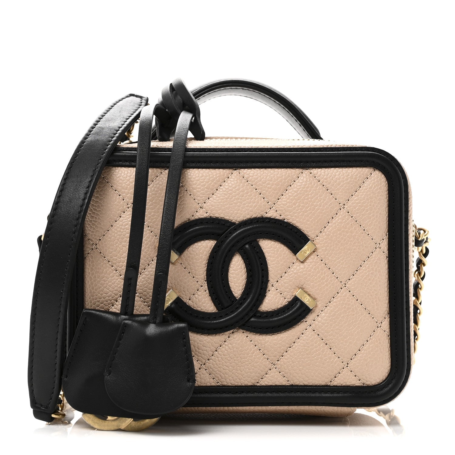 Chanel Caviar Quilted Small CC Filigree Vanity Case Beige Black