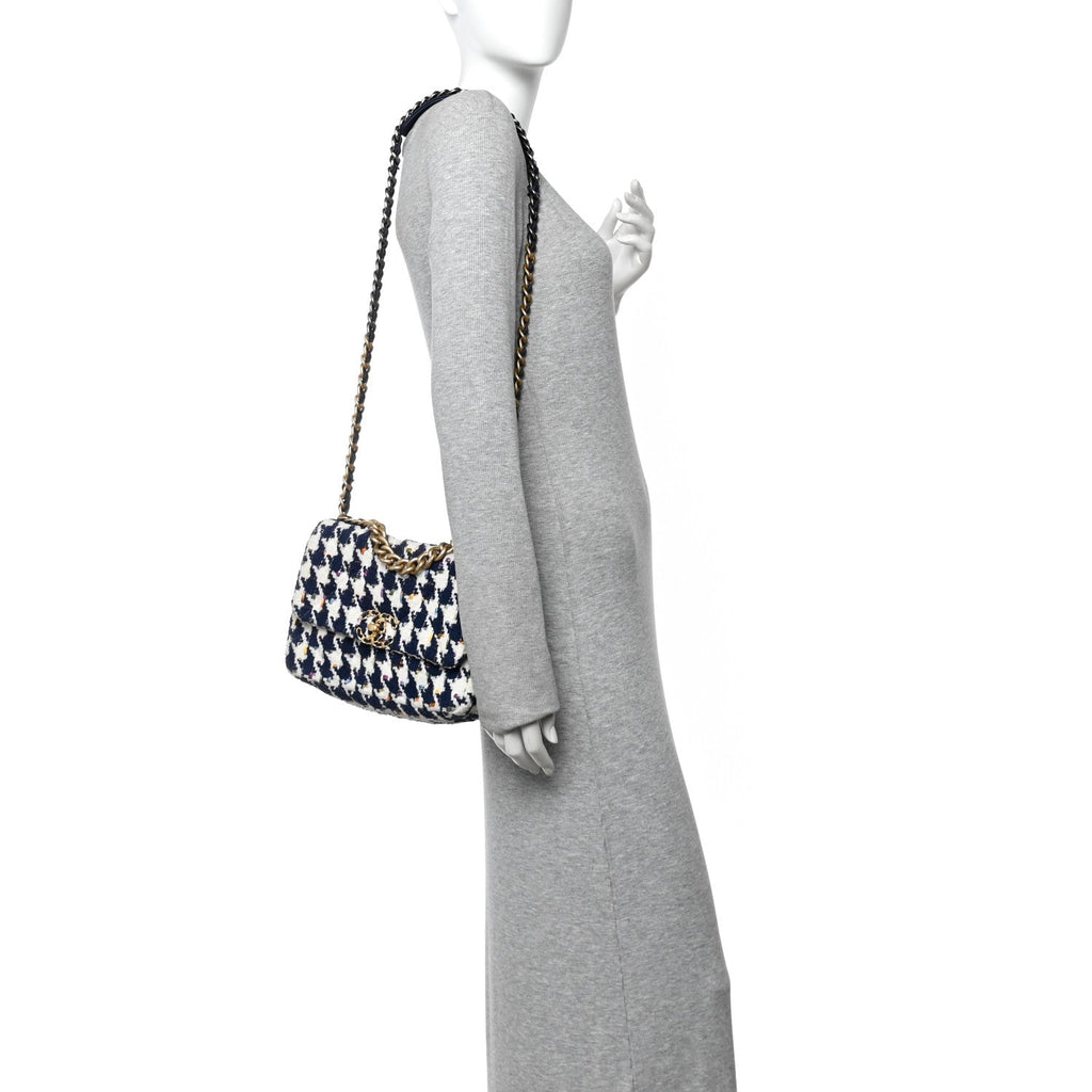 Chanel Tweed Quilted Medium Chanel 19 Flap Ecru Navy Blue Multicolor