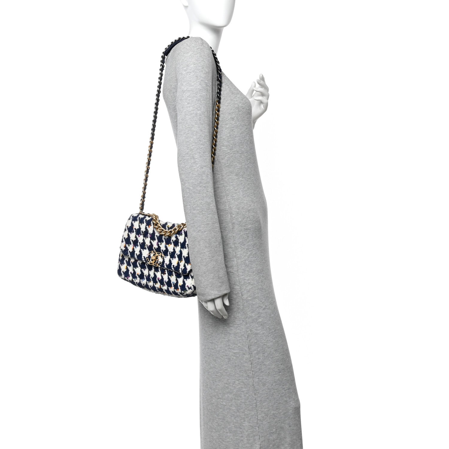 Chanel Tweed Quilted Medium Chanel 19 Flap Ecru Navy Blue Multicolor