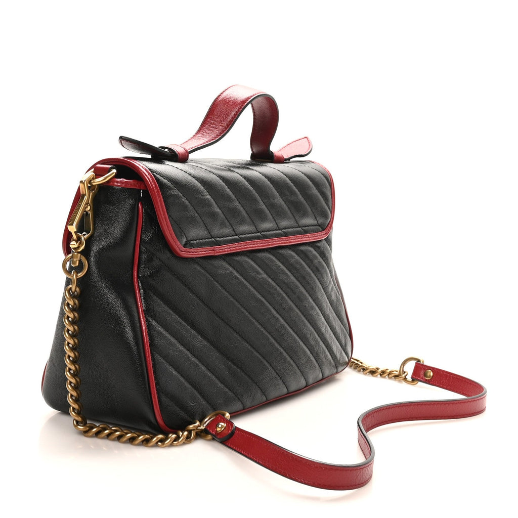 Gucci Vintage Effect Calfskin Matelasse Diagonal Small Torchon GG Marmont Top Handle Shoulder Bag Black Romantic Cherry
