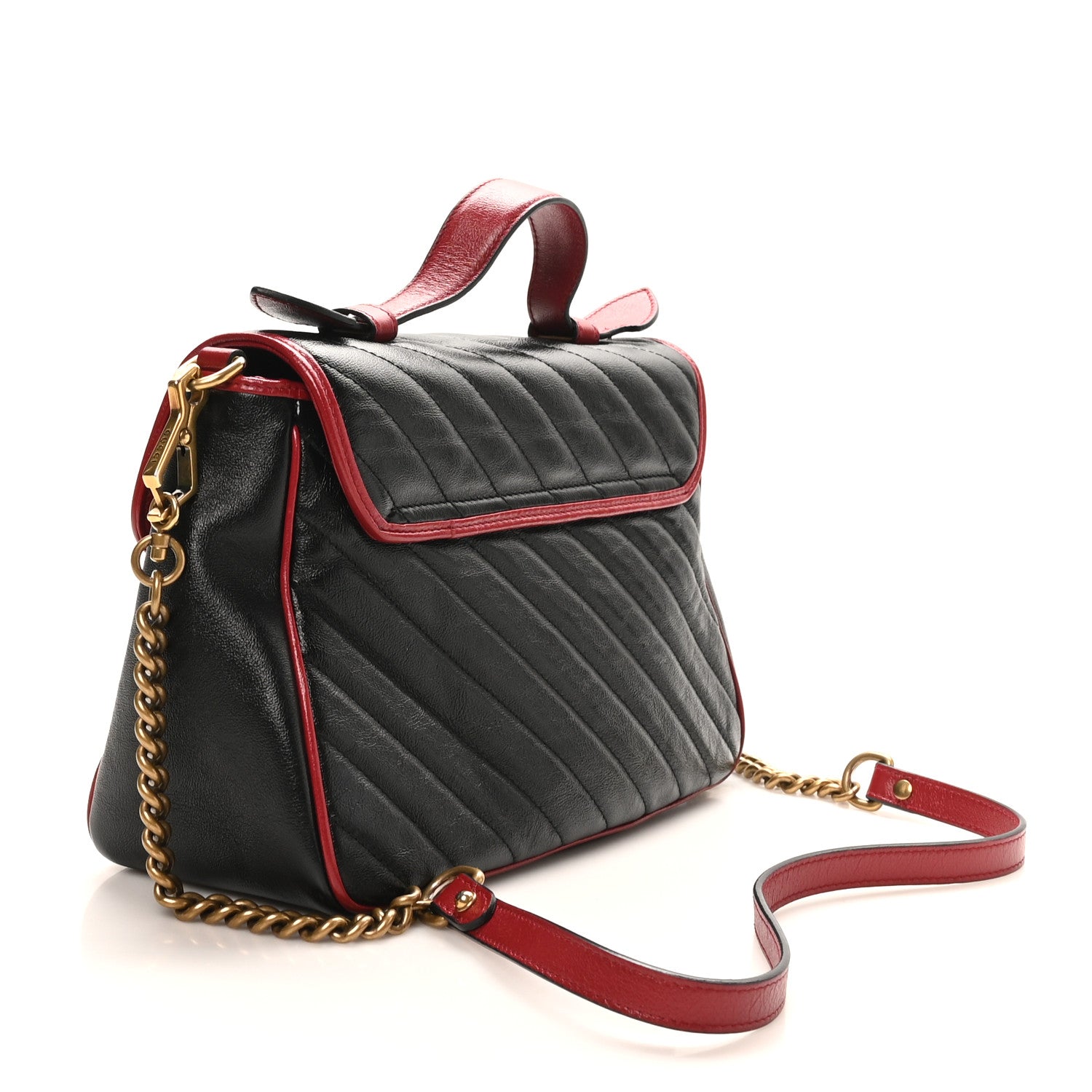 Gucci Vintage Effect Calfskin Matelasse Diagonal Small Torchon GG Marmont Top Handle Shoulder Bag Black Romantic Cherry
