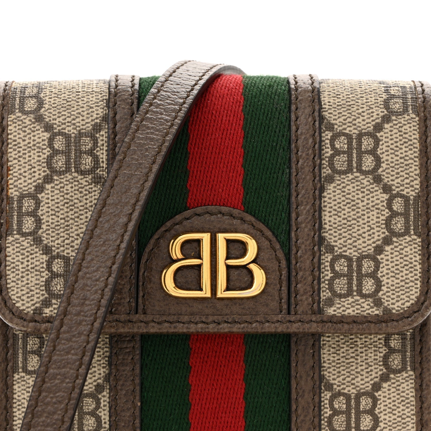Gucci X BALENCIAGA BB Supreme Monogram Web Ophidia Phone Crossbody Bag Beige New Acero