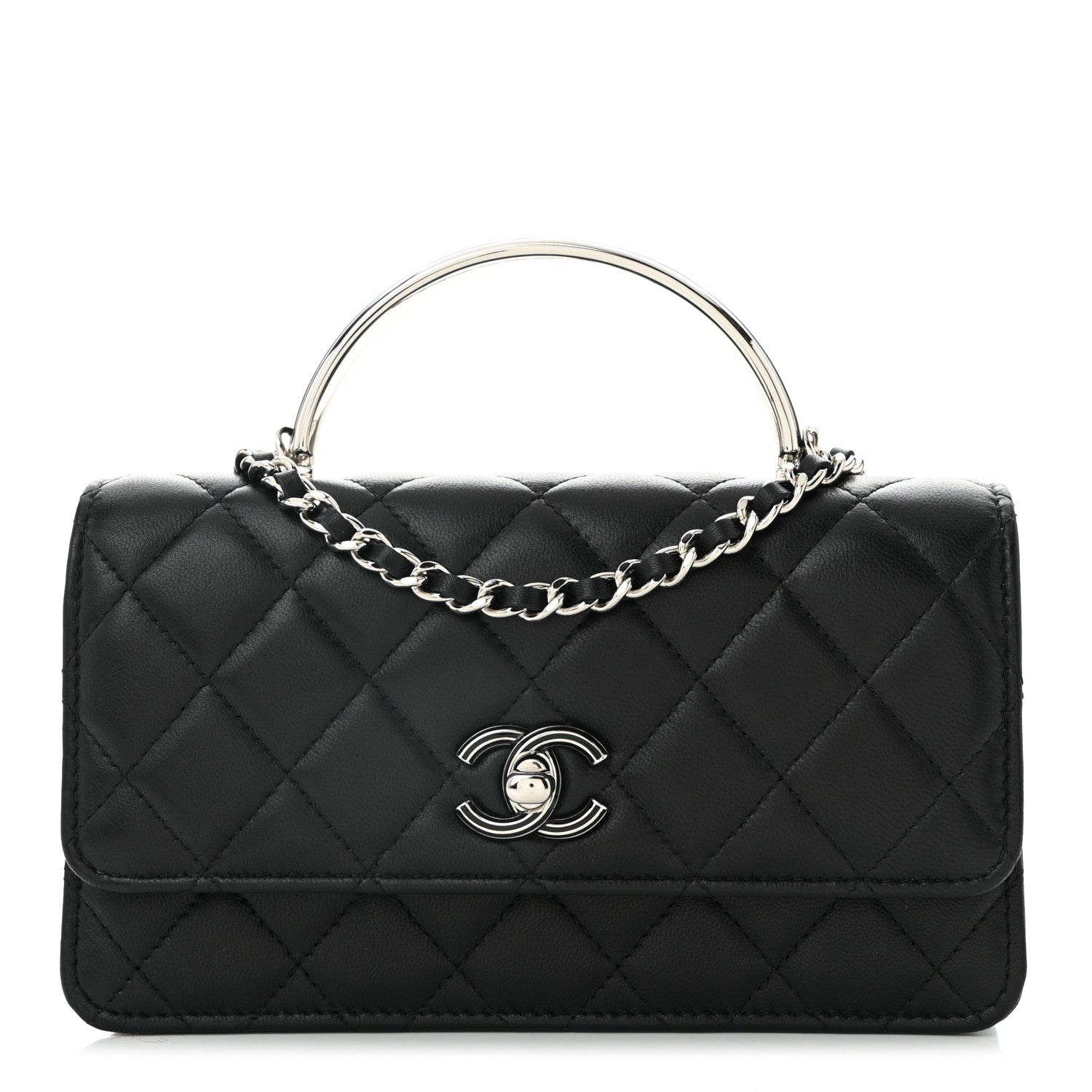Chanel Lambskin Quilted Metal Top Handle Crossbody Flap Black