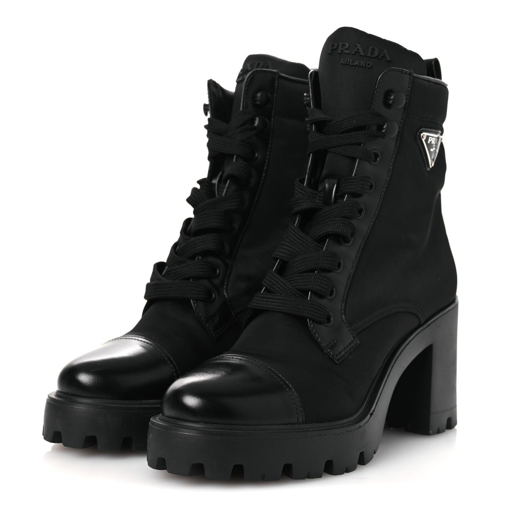 Prada Spazzolato Re-Nylon Metal Triangle Logo Lace Up 55mm Ankle Boots 38.5 Black