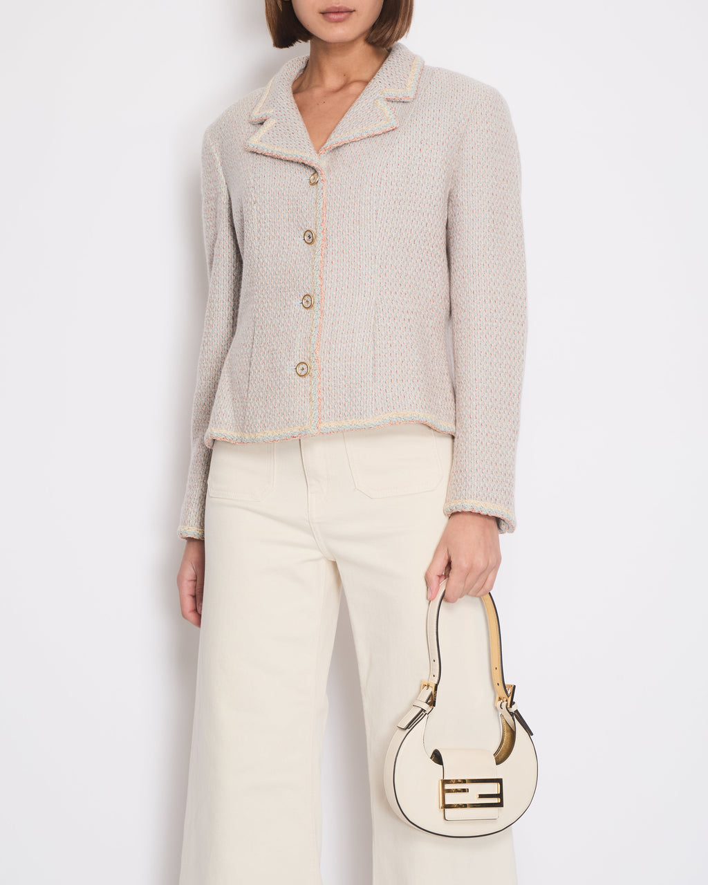 Chanel 01/A Pastel Blue, Pink and Beige Tweed Jacket with Transparent CC Logo Button Details Size FR 44 (UK 16)