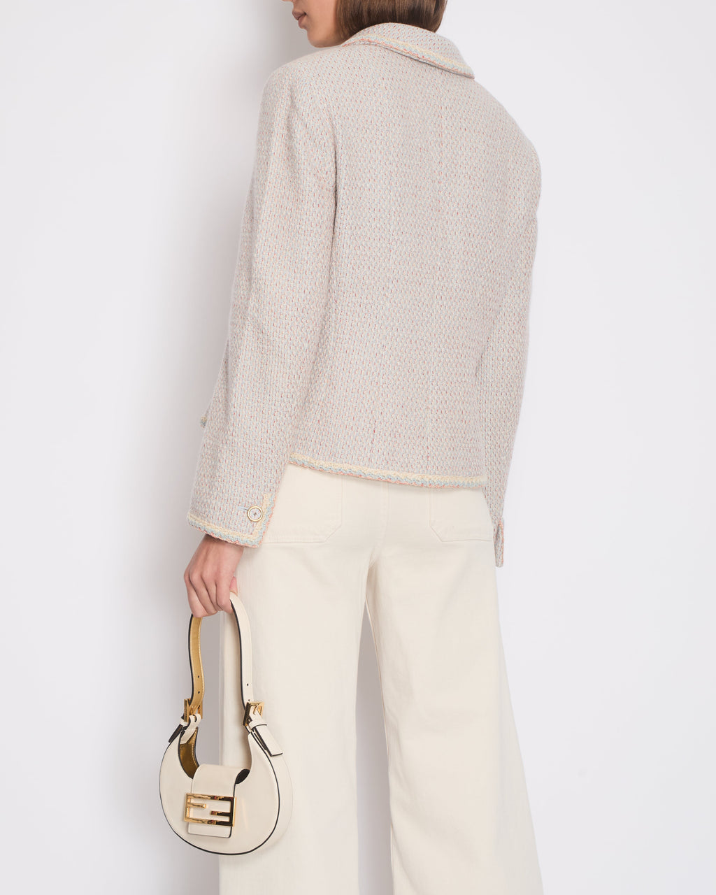 Chanel 01/A Pastel Blue, Pink and Beige Tweed Jacket with Transparent CC Logo Button Details Size FR 44 (UK 16)