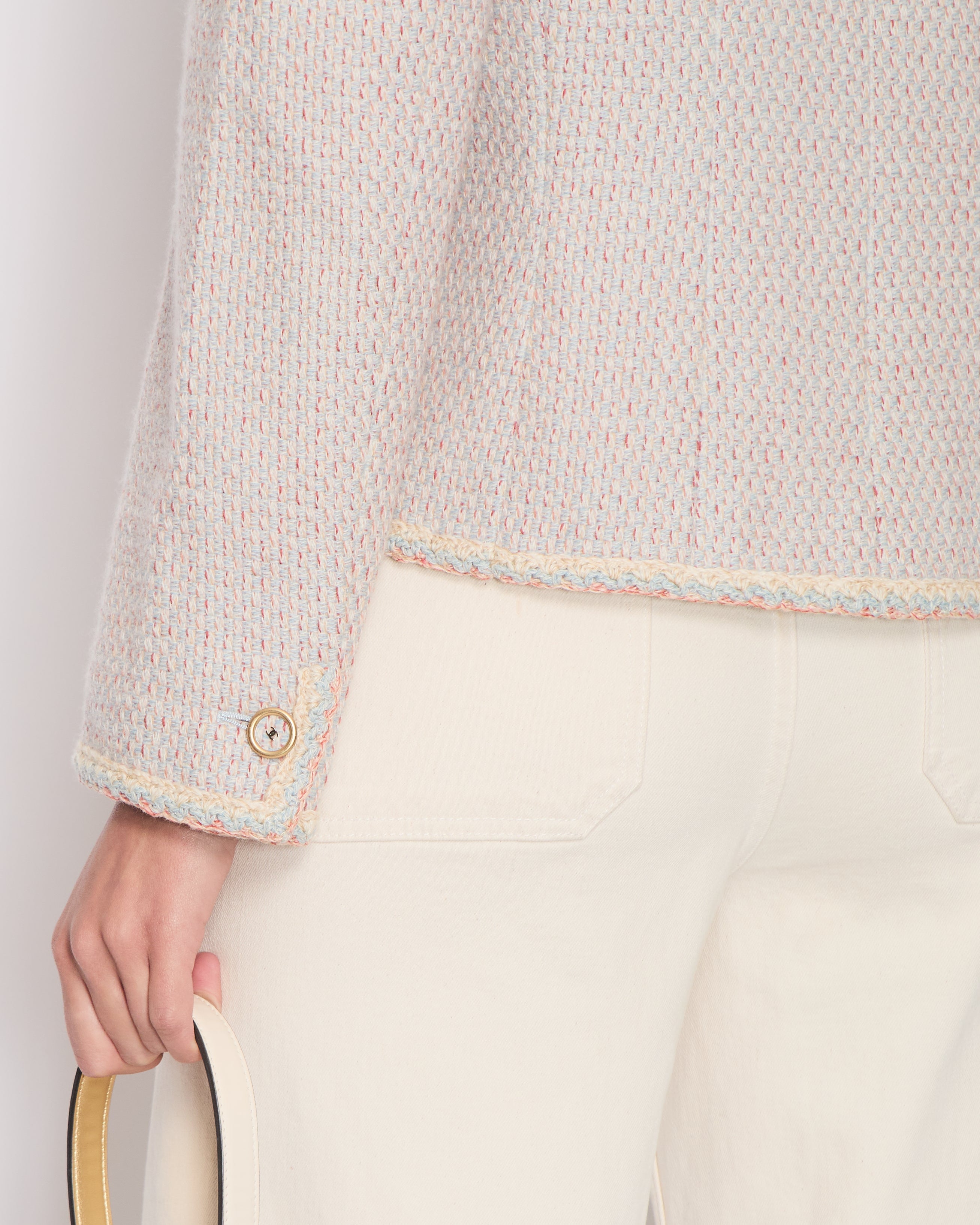 Chanel 01/A Pastel Blue, Pink and Beige Tweed Jacket with Transparent CC Logo Button Details Size FR 44 (UK 16)