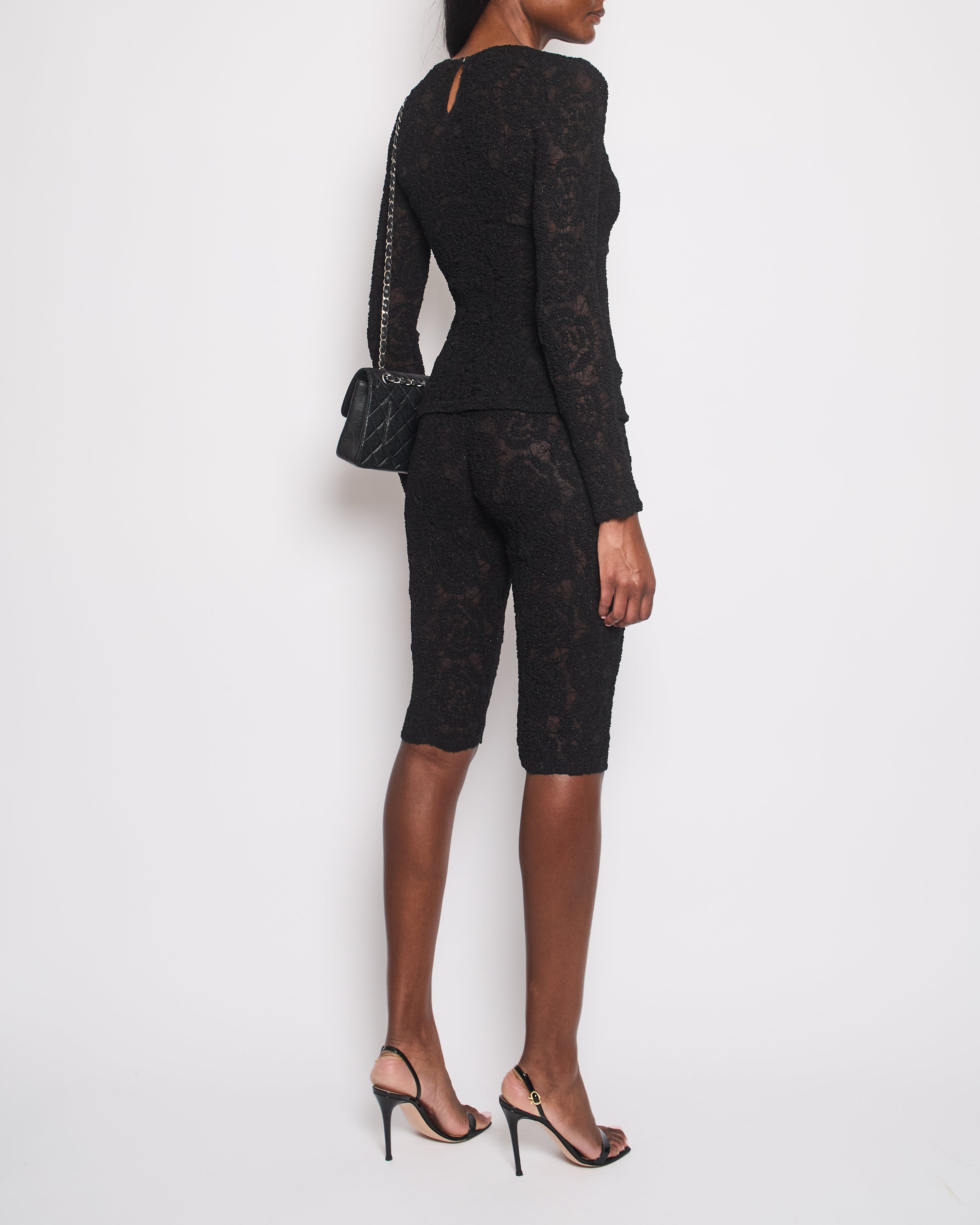 Chanel Black Lace Tulle Top and Cyclist Shorts Set with Camellia Details and Crystal CC Logos Size FR 34 (UK 6)