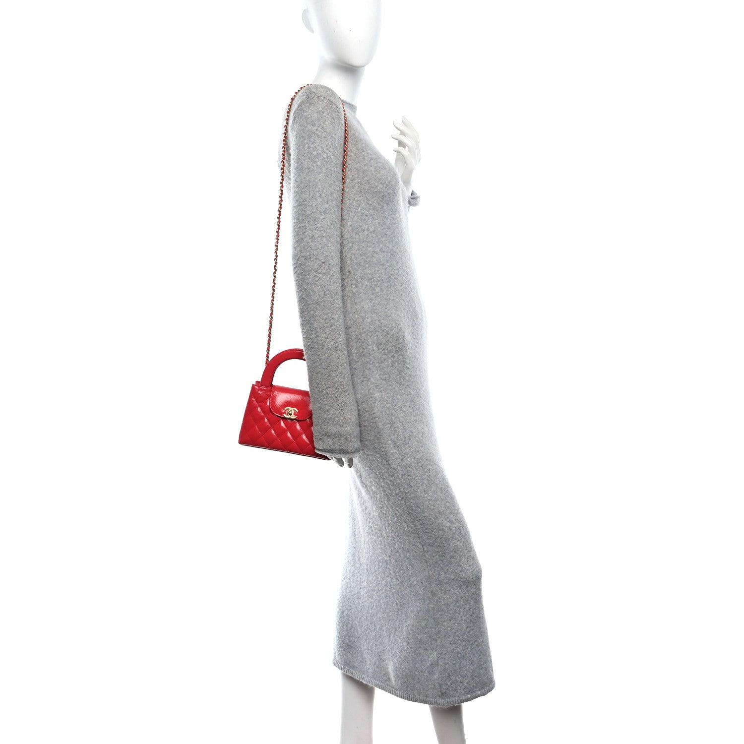 Chanel Shiny Aged Calfskin Quilted Nano Kelly Shopper Dark Red