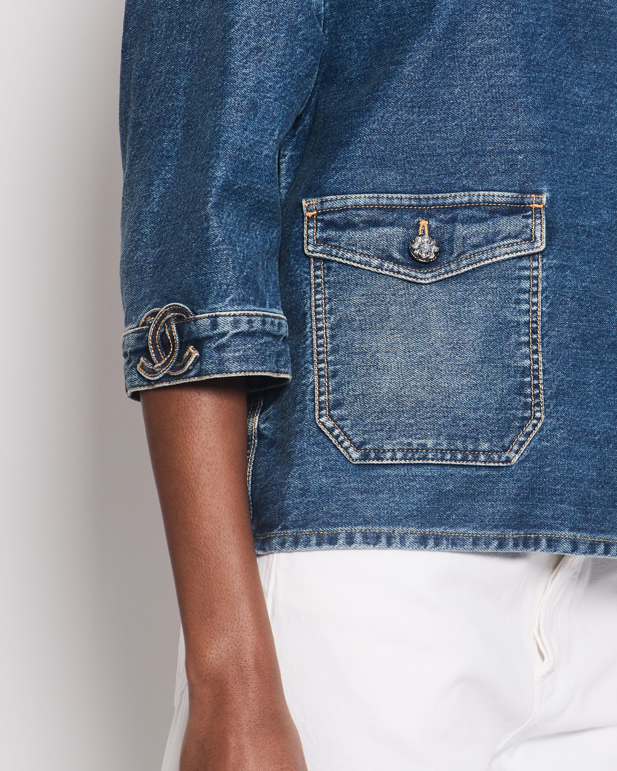 *HOT* 24S Chanel Denim Top with CC Logo Embroideries and Crystal Buttons Details Size FR 44 (UK 16)