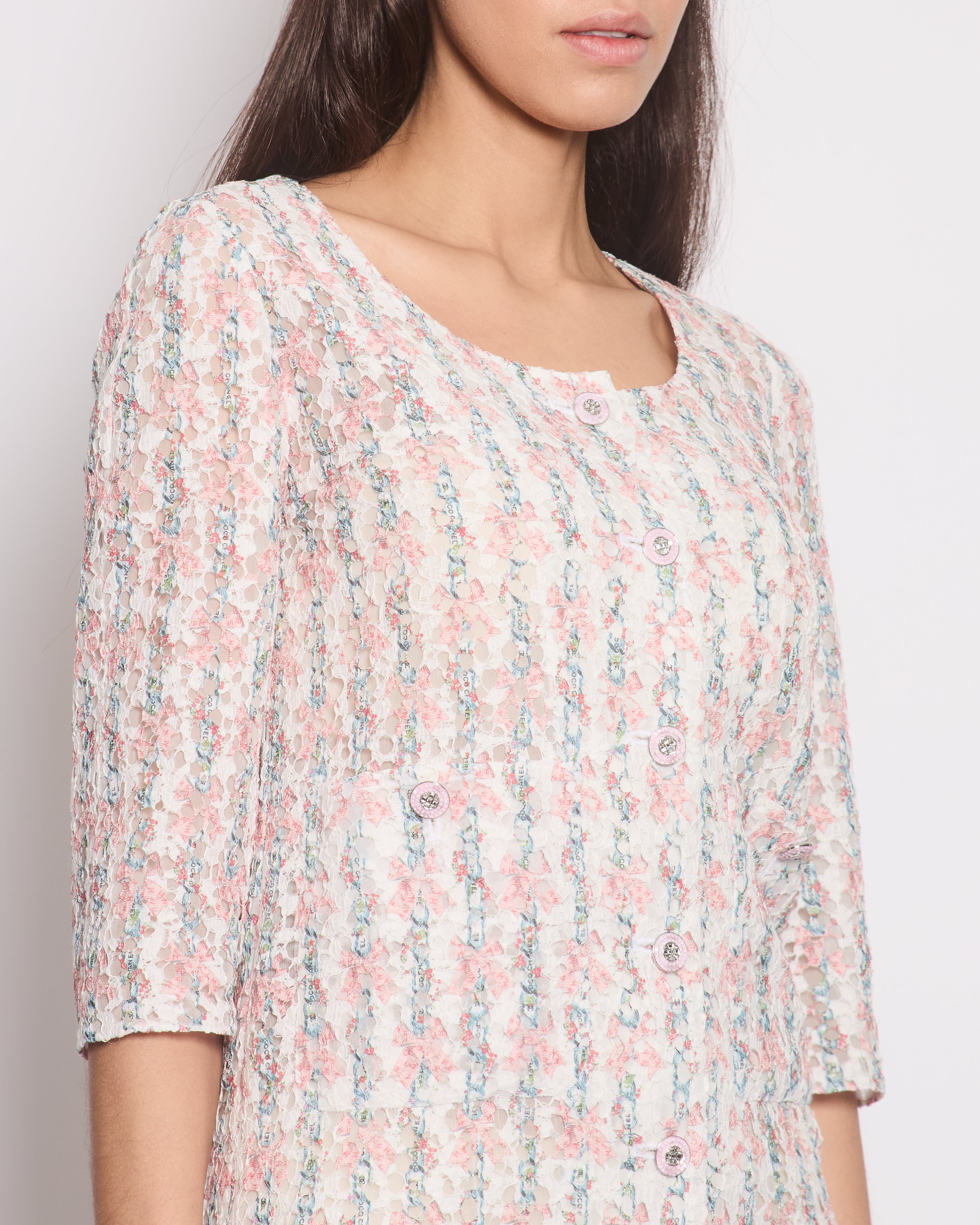 *HOT* Chanel 23C Pink & White 3/4 Sleeve Dress with Floral Lace Detail & Crystal Buttons Size FR 34 (UK 6) RRP £5700
