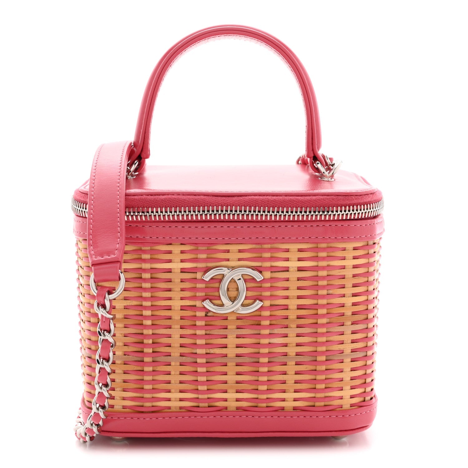 Chanel Calfskin Raffia Small Take Away Vanity Case Bag Pink Beige