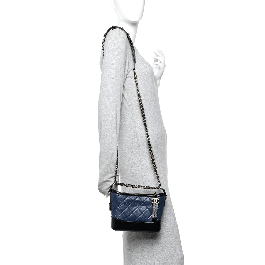 Chanel Aged Calfskin Quilted Small Gabrielle Hobo Navy Black
