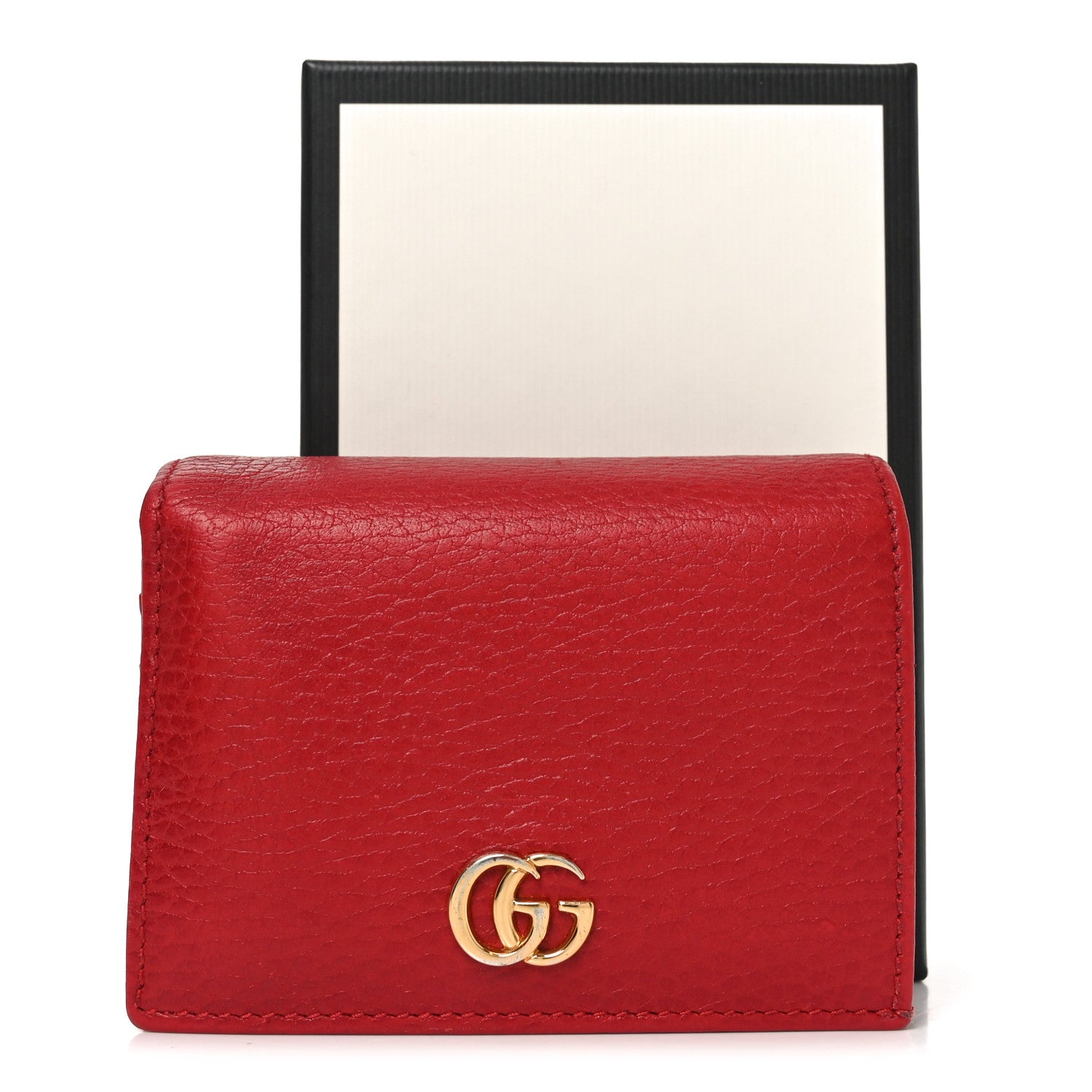 Gucci Pebbled Calfskin GG Marmont Card Case Hibiscus Red
