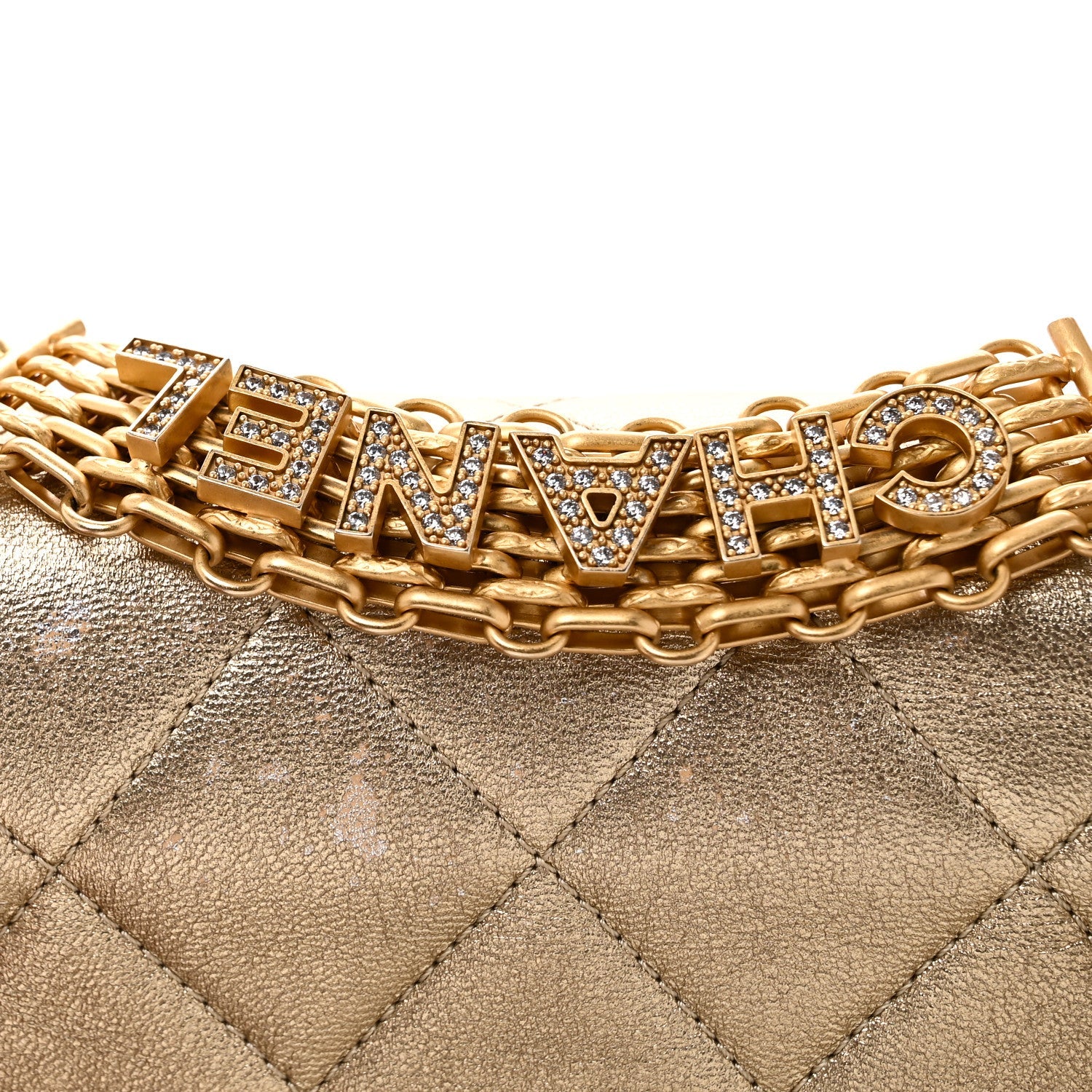 Chanel Metallic Lambskin Quilted Mini CC Crystal Logo Chain Flap Gold