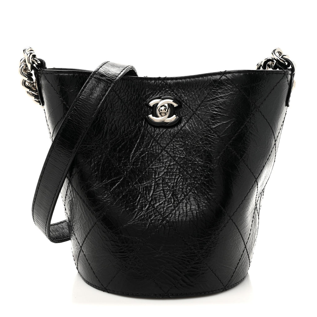 Chanel Crumpled Calfskin Quilted Chain Drawstring Bucket Bag Black