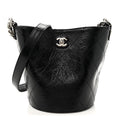 Chanel Crumpled Calfskin Quilted Chain Drawstring Bucket Bag Black