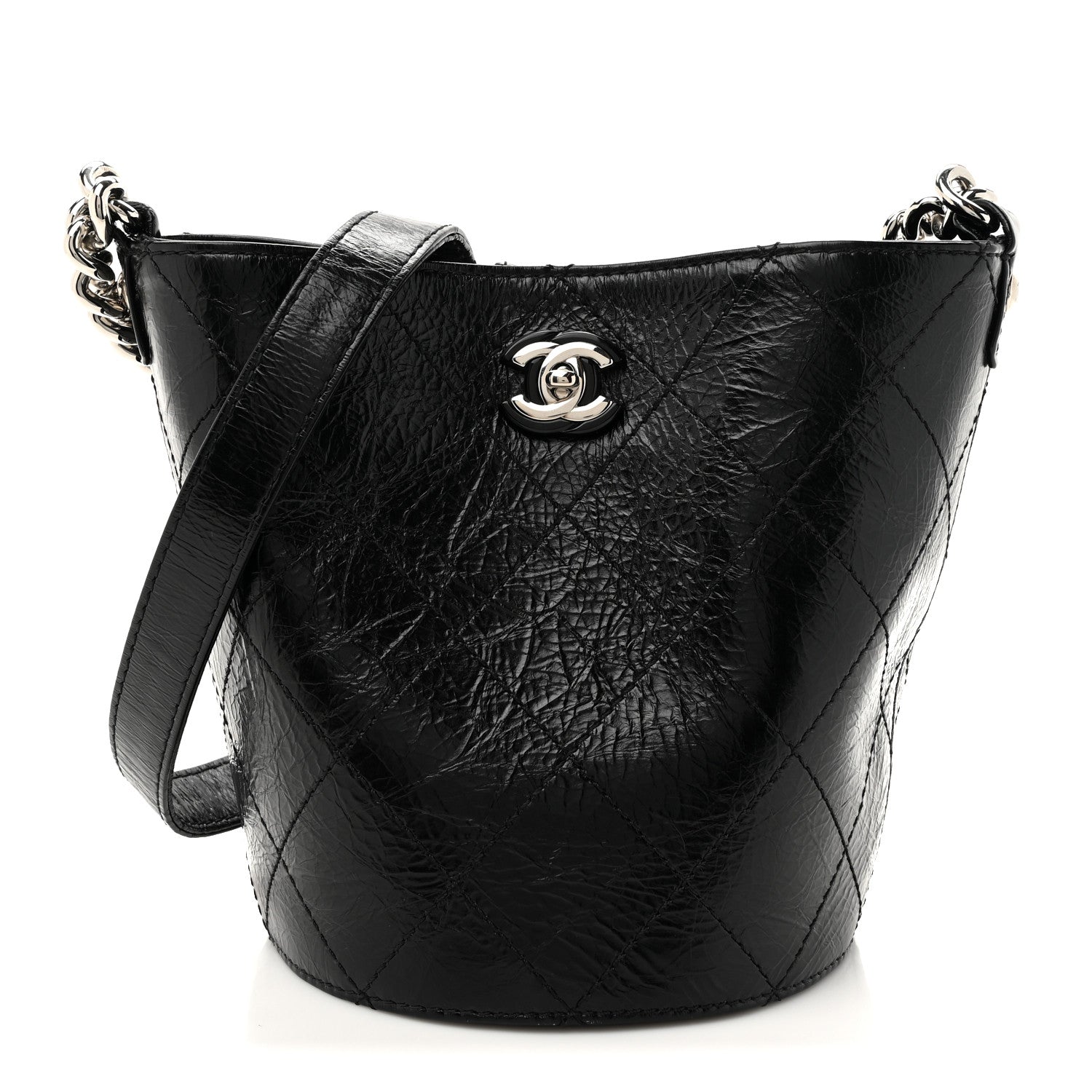 Chanel Crumpled Calfskin Quilted Chain Drawstring Bucket Bag Black