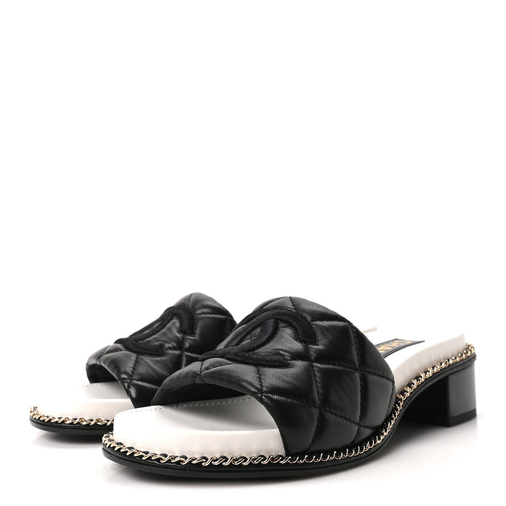 Lambskin Quilted CC Chain Mules 35 Black White