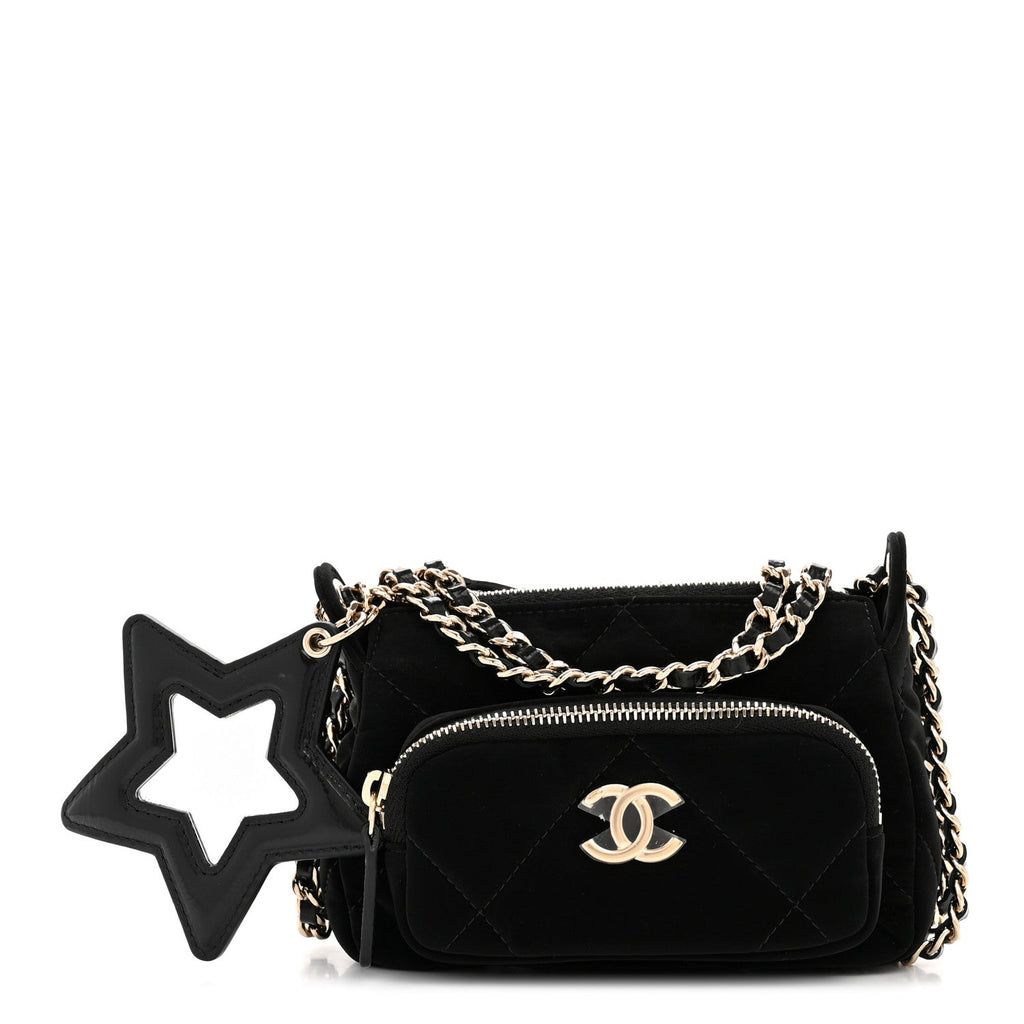 Chanel Velvet Effect Nylon Shiny Crumpled Calfskin Mini Quilted Chanel 25 Clutch With Chain Black