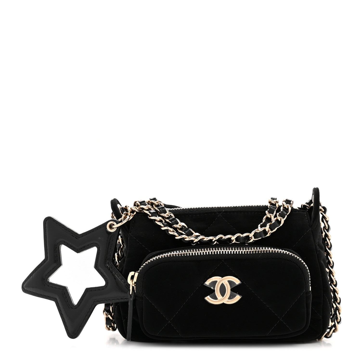 Chanel Velvet Effect Nylon Shiny Crumpled Calfskin Mini Quilted Chanel 25 Clutch With Chain Black