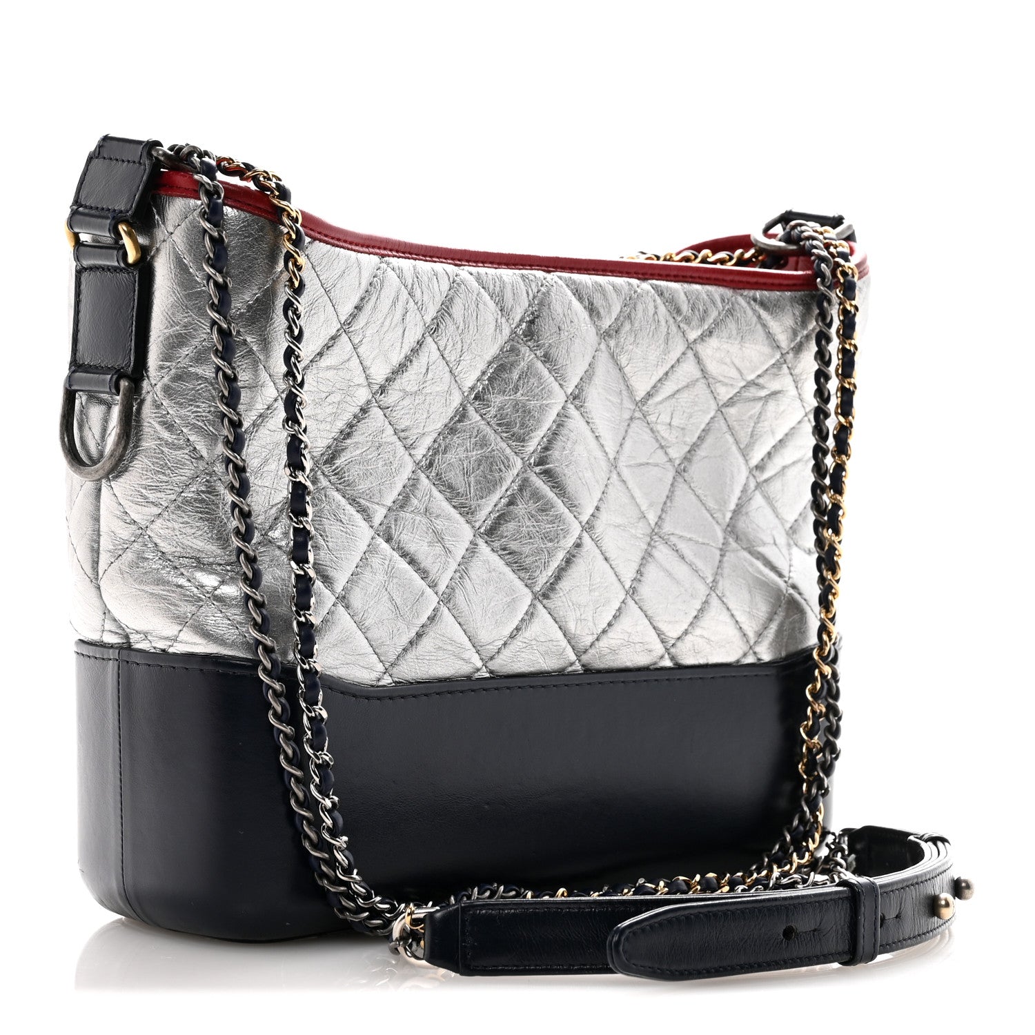 Chanel Metallic Aged Calfskin Quilted Medium Gabrielle Hobo Silver Navy Red