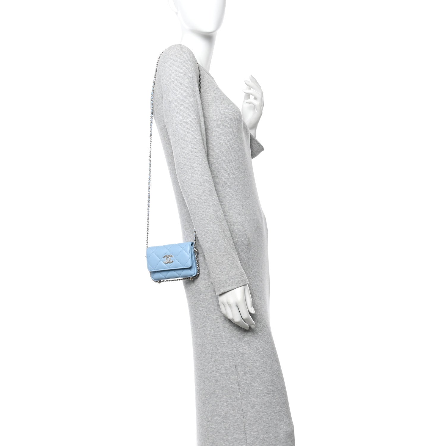 Chanel Lambskin Quilted Chain Around Coin Purse With Chain Light Blue