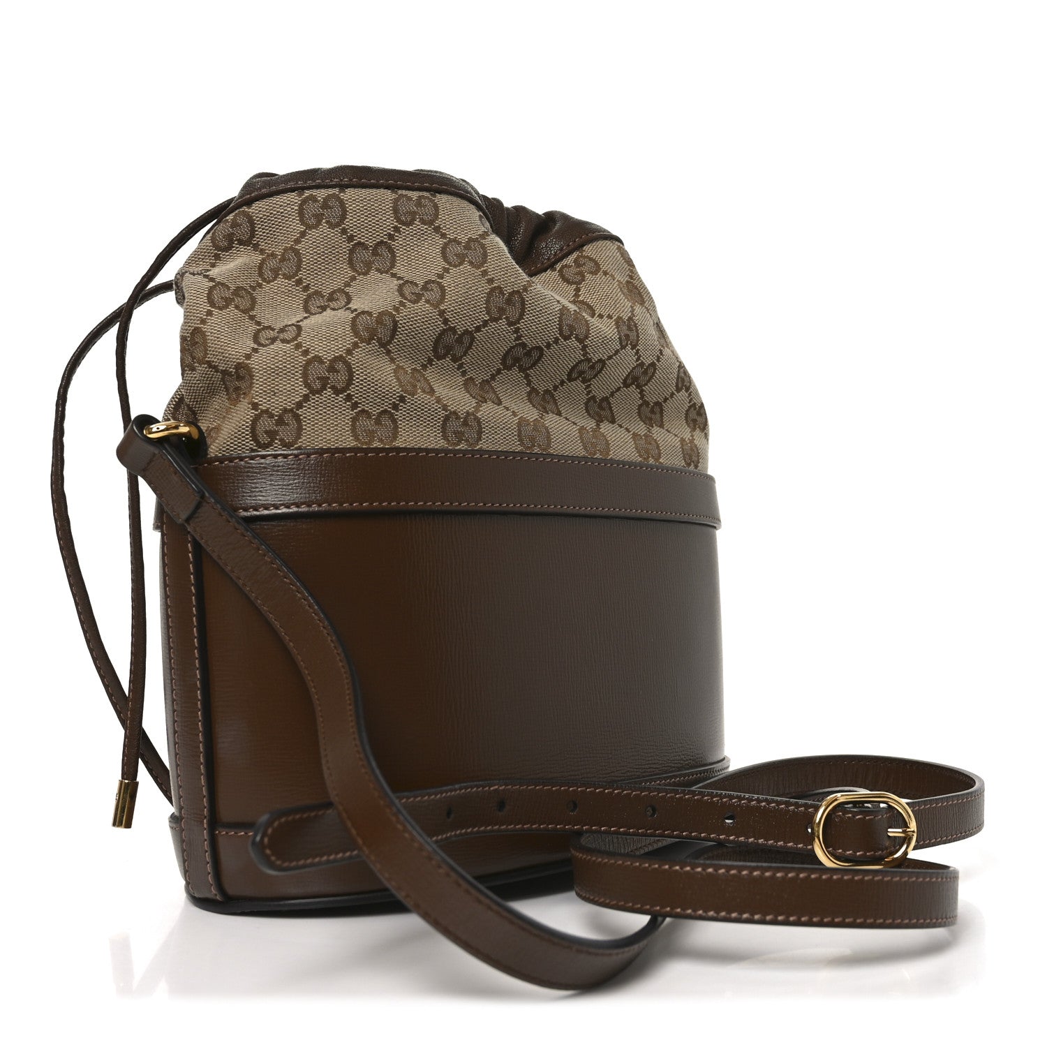 Gucci Monogram Textured Calfskin Horsebit 1955 Drawstring Bucket Bag Beige Brown Sugar