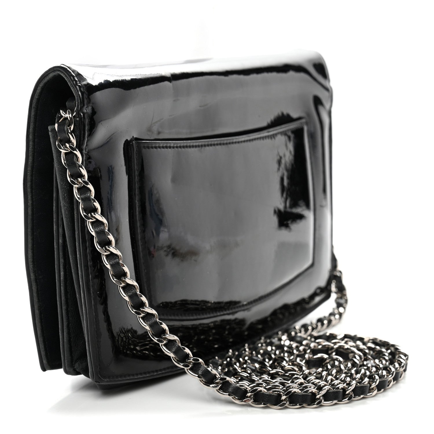 Chanel Patent CC Compact Wallet on Chain WOC Black