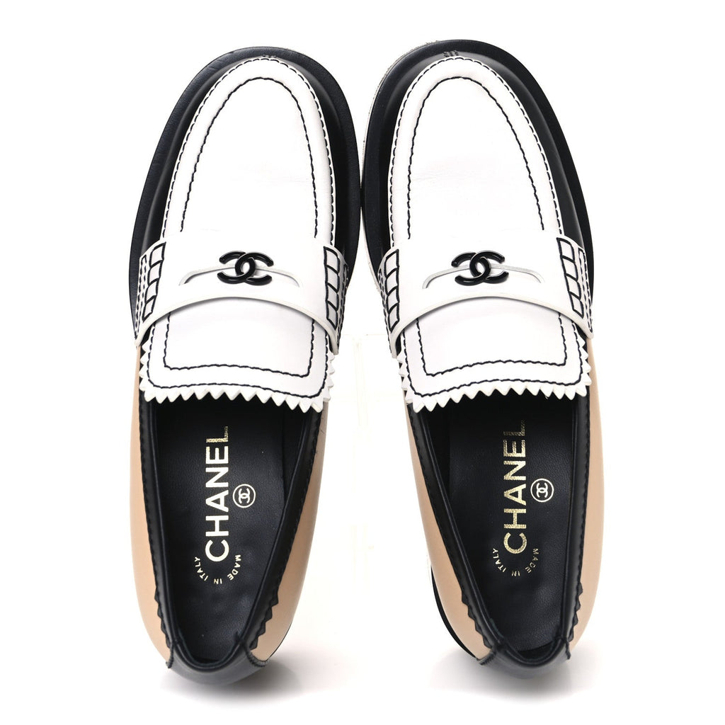 Calfskin CC Loafers 40 Black White Beige