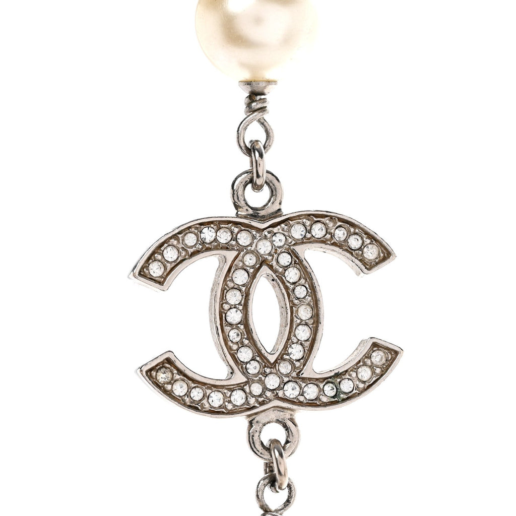 Graduated Pearl Crystal CC Long Necklace Silver