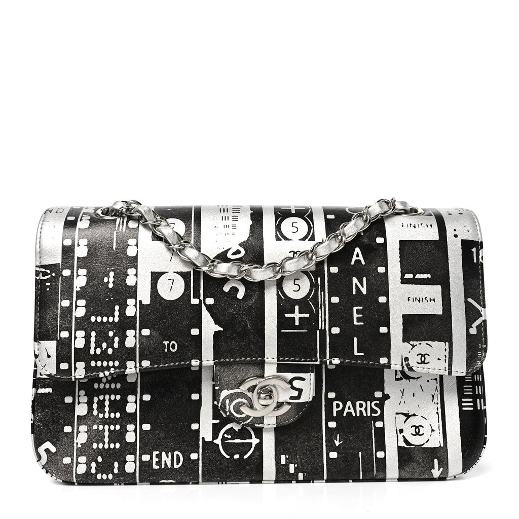 Chanel Lambskin Graffiti Printed Medium Double Flap Black Silver