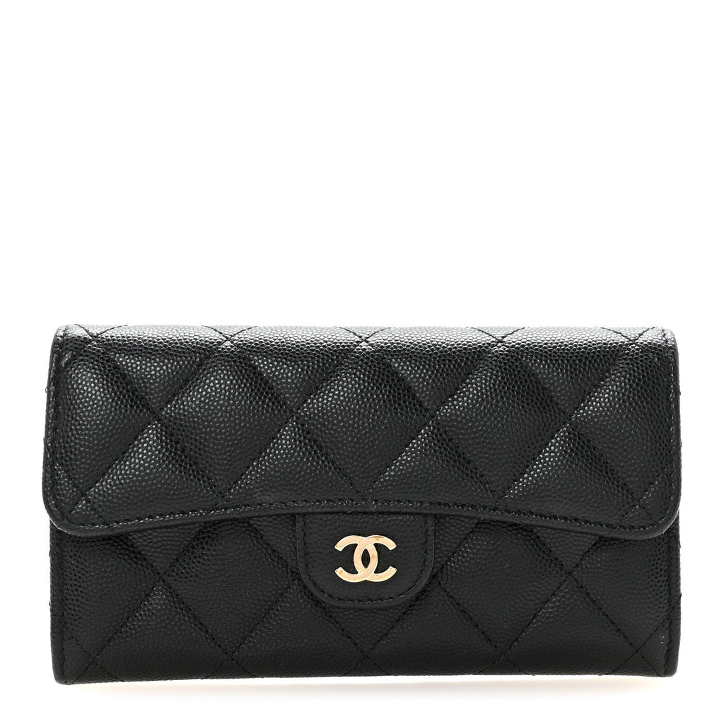 Caviar Quilted Medium Gusset Flap Wallet Black