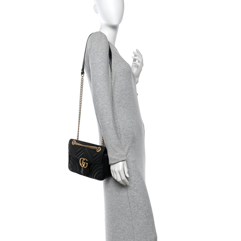 Gucci Calfskin Matelasse Small GG Marmont Shoulder Bag Black