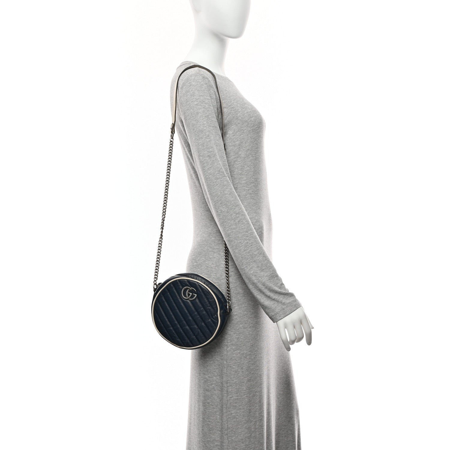 Gucci Azalea Calfskin Matelasse Diagonal Mini Torchon GG Marmont Round Shoulder Bag Blue Agata Mystic White