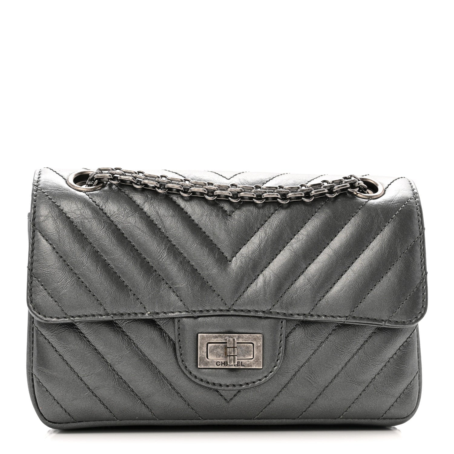 Chanel Metallic Aged Calfskin Chevron Quilted 2.55 Reissue Mini Flap Grey