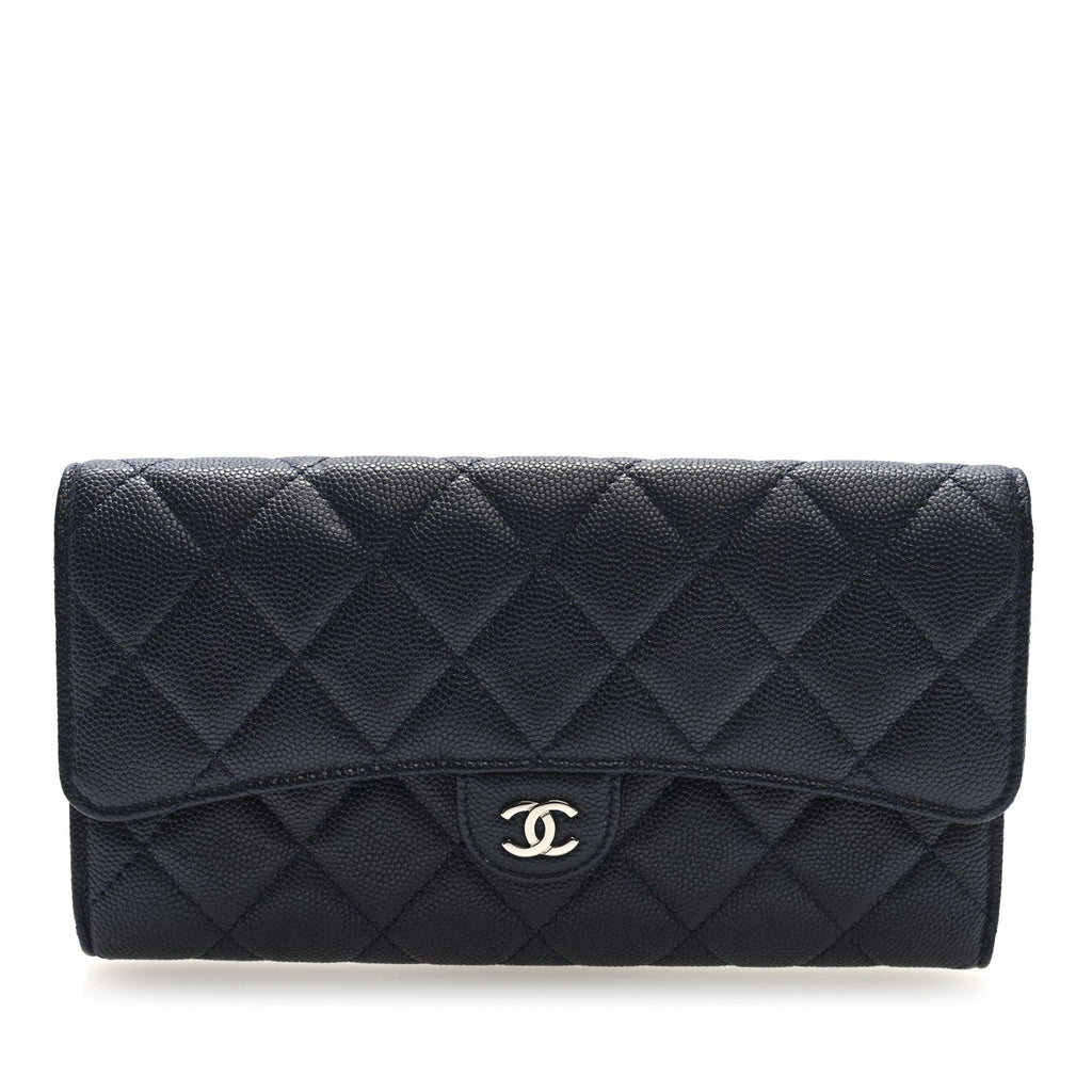 Caviar Quilted Large Gusset Flap Wallet Navy