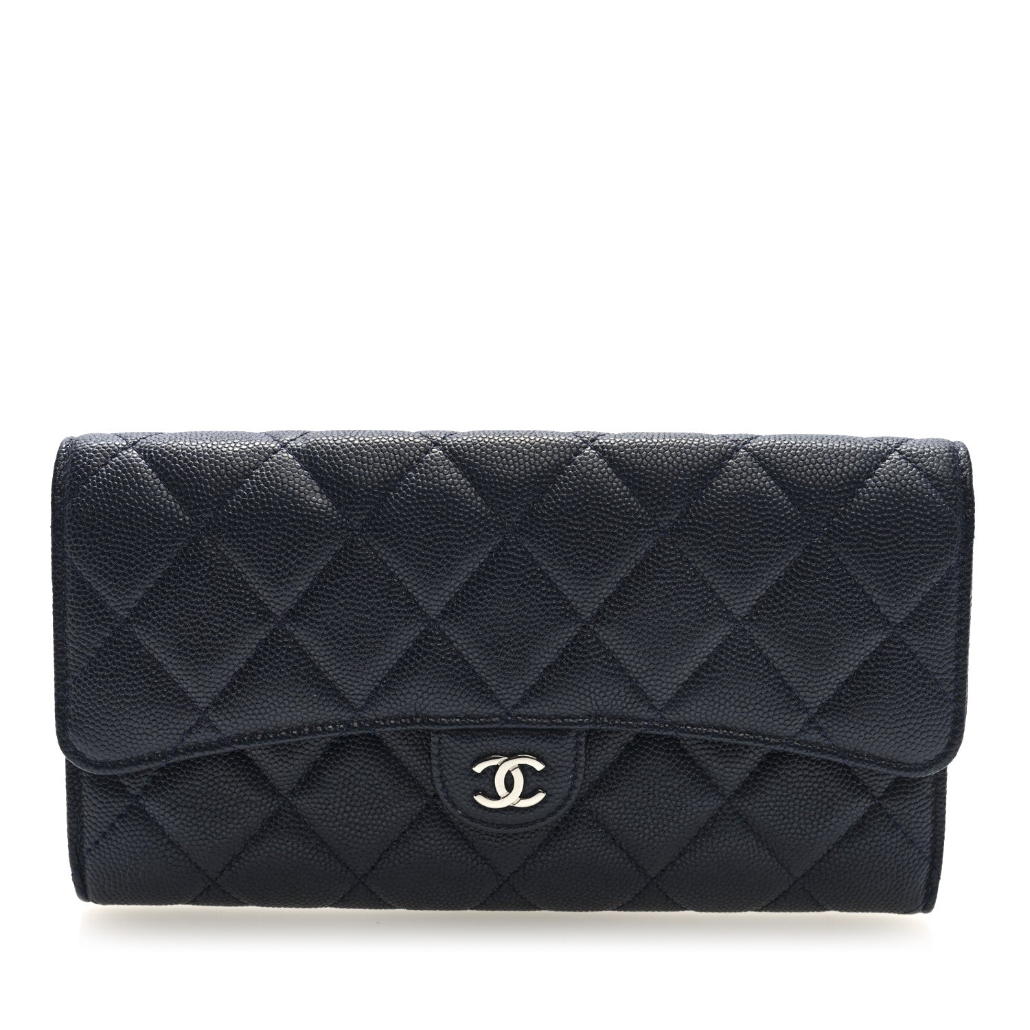 Caviar Quilted Large Gusset Flap Wallet Navy