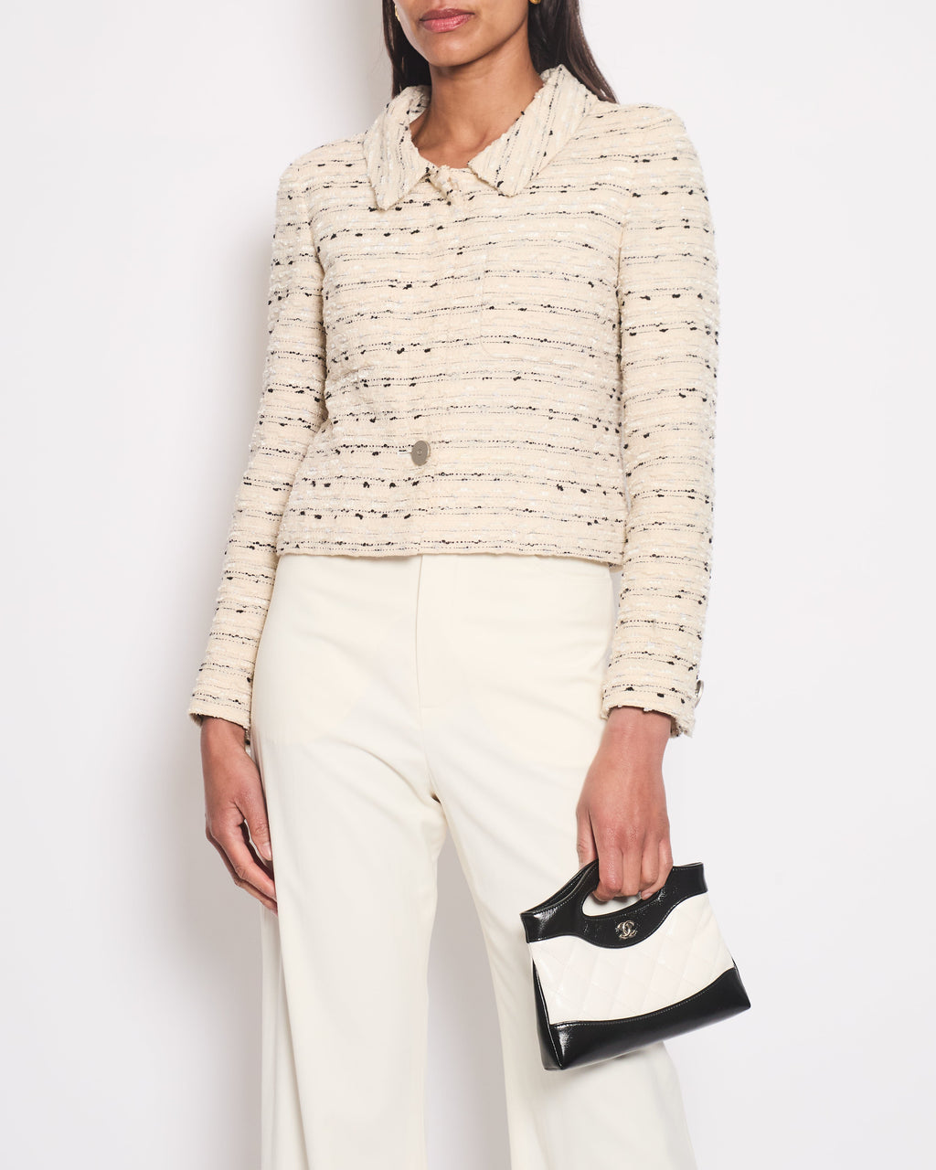 Chanel 99/C Cream, White & Black Tweed Jacket With Metallic Silver Buttons Detail Size FR 36 (UK 8)