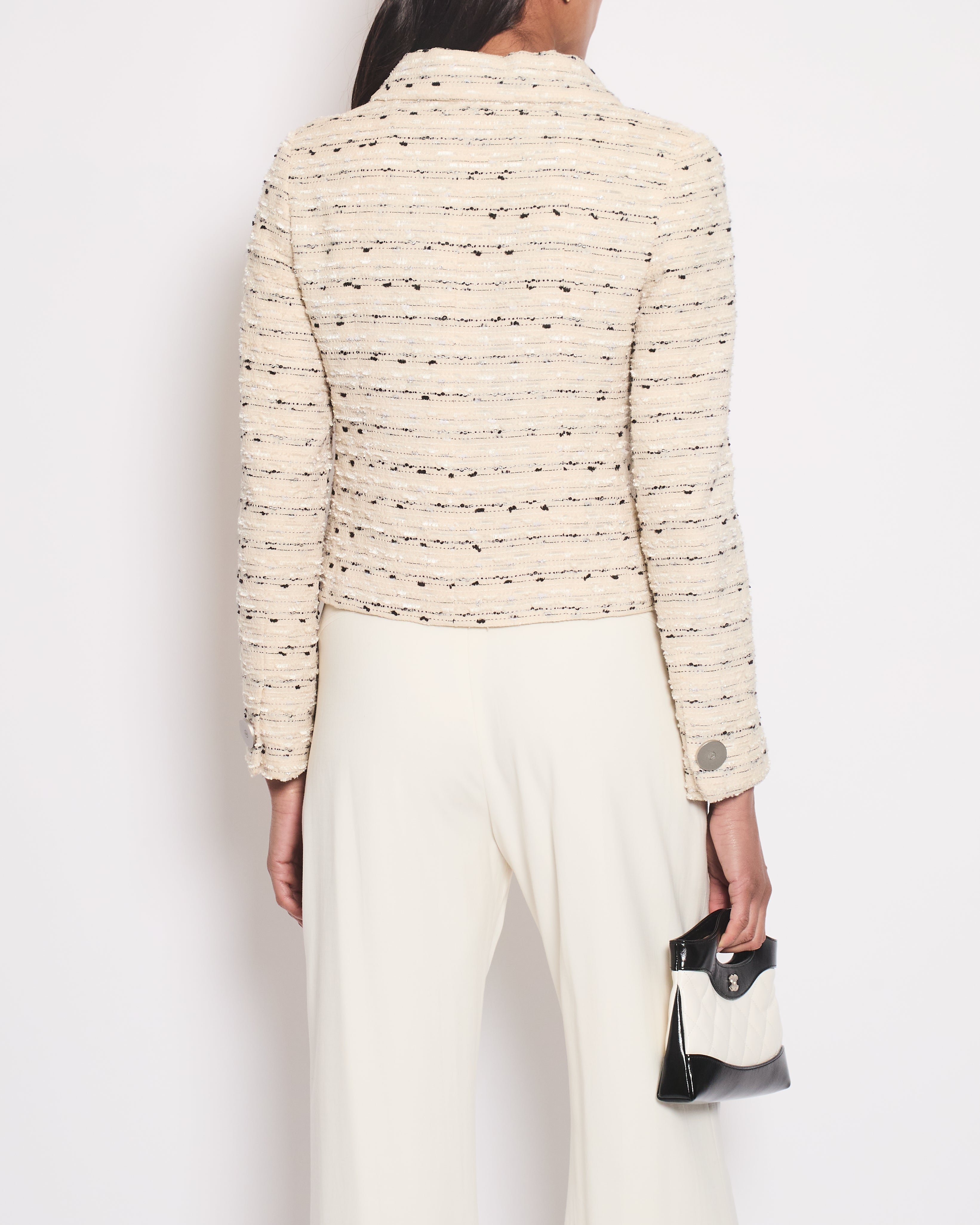 Chanel 99/C Cream, White & Black Tweed Jacket With Metallic Silver Buttons Detail Size FR 36 (UK 8)