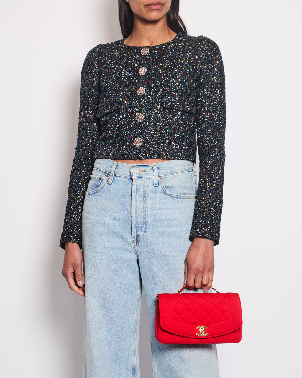 Chanel Navy Blue & Multicolour Sequin Tweed Cropped Jacket With Dusty Pink Camellia Embellished Buttons Detail Size FR 34 (UK 6)