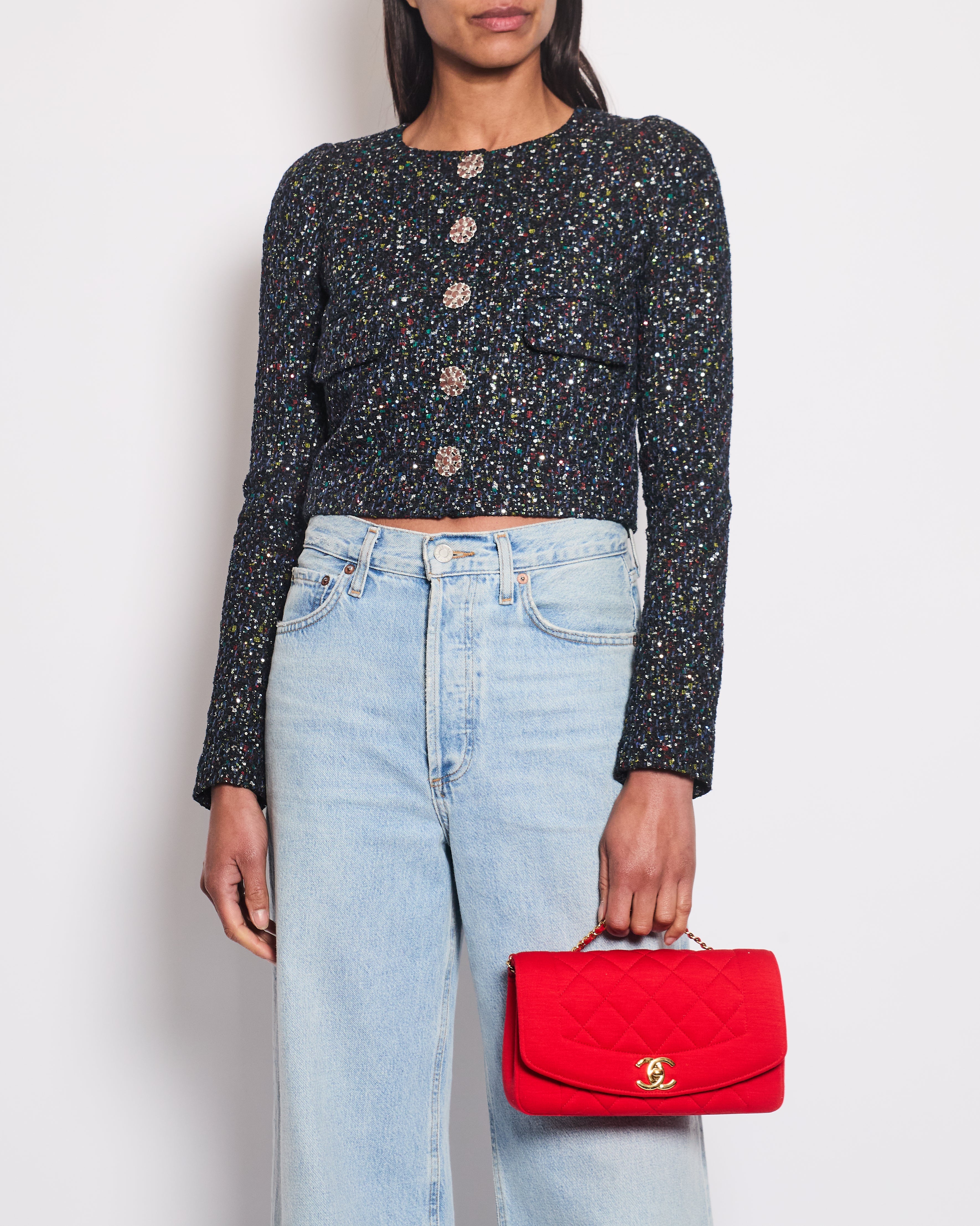 Chanel Navy Blue & Multicolour Sequin Tweed Cropped Jacket With Dusty Pink Camellia Embellished Buttons Detail Size FR 34 (UK 6)