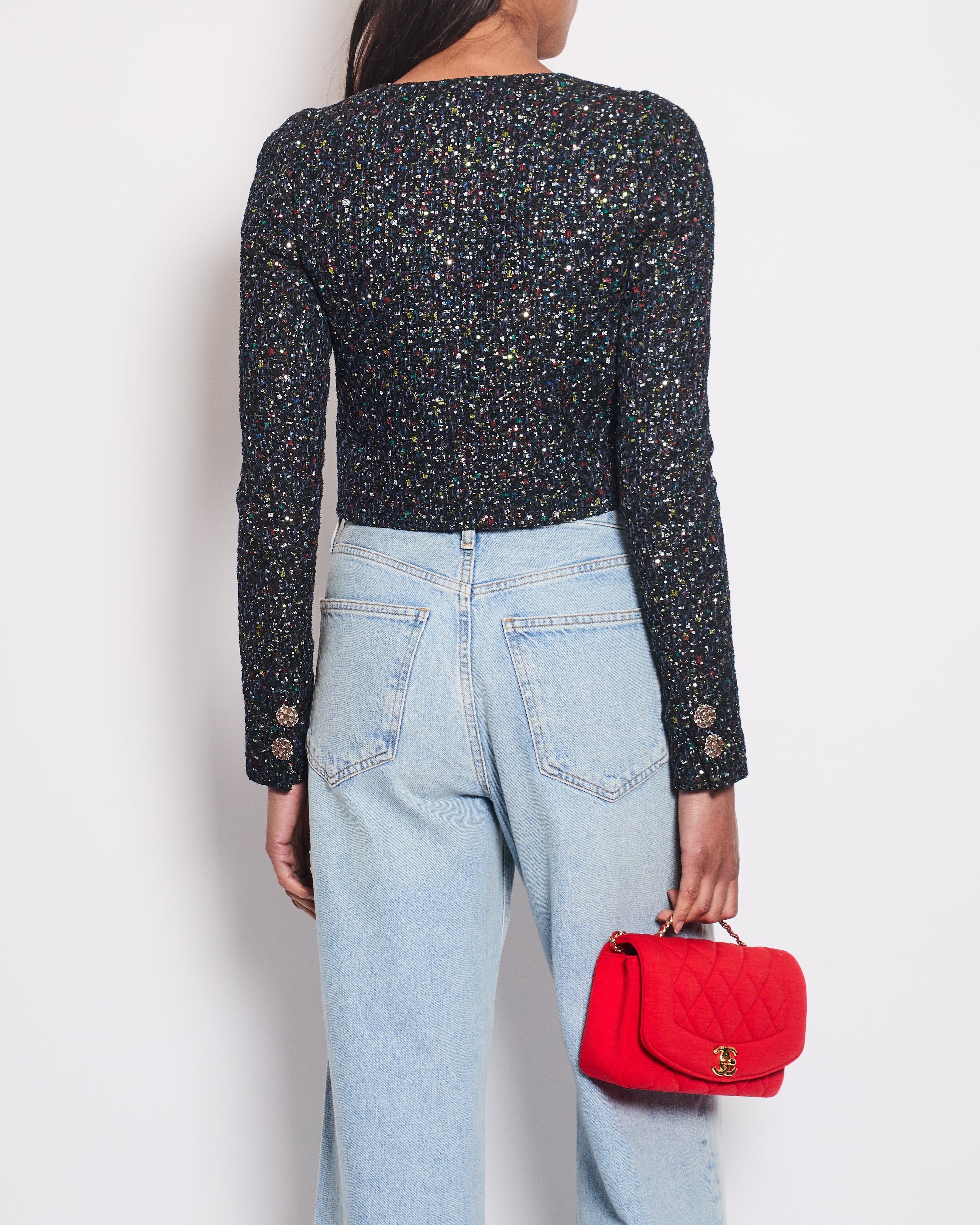Chanel Navy Blue & Multicolour Sequin Tweed Cropped Jacket With Dusty Pink Camellia Embellished Buttons Detail Size FR 34 (UK 6)