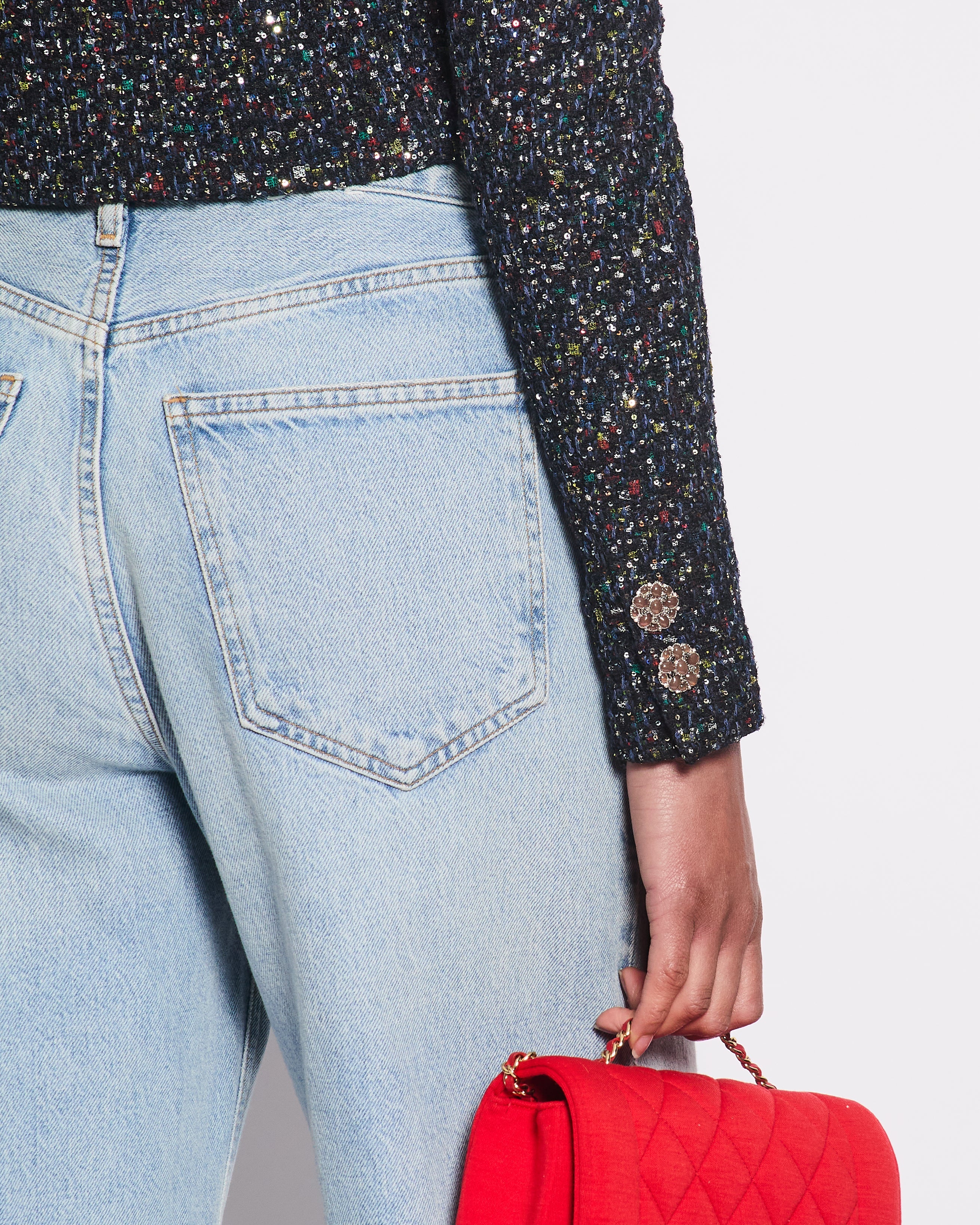 Chanel Navy Blue & Multicolour Sequin Tweed Cropped Jacket With Dusty Pink Camellia Embellished Buttons Detail Size FR 34 (UK 6)